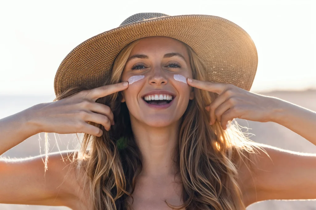 Woman in a sun hat applying sunscreen beneath both eyes outdoors